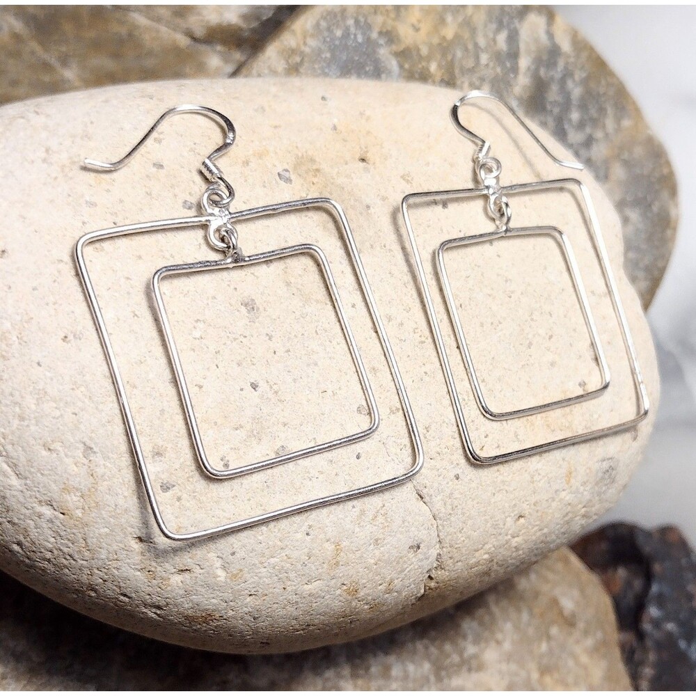 Vintage Sterling Silver Square in Square Modernist Dangle Earrings